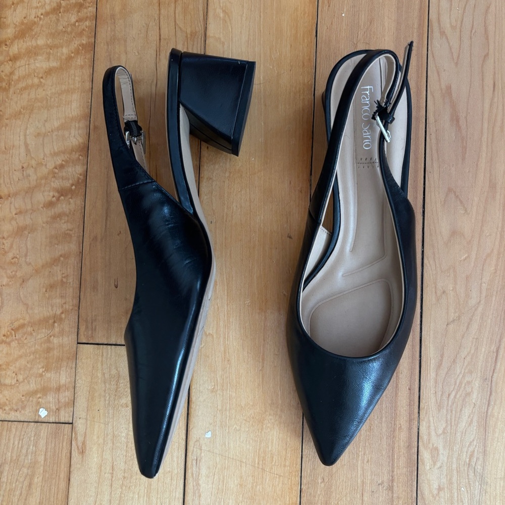 black leather sling-back block heels